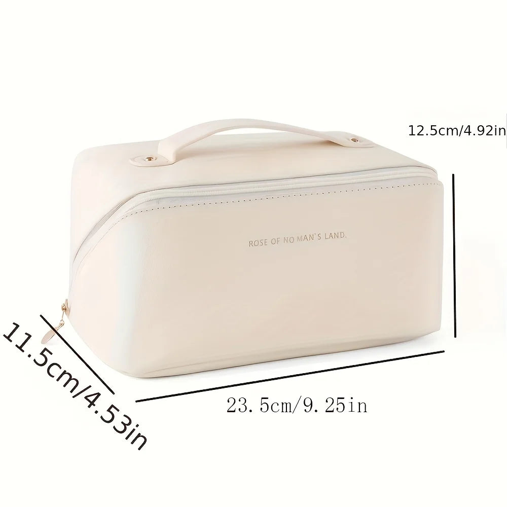 Beige cosmetic bag with dimensions labeled on a white background