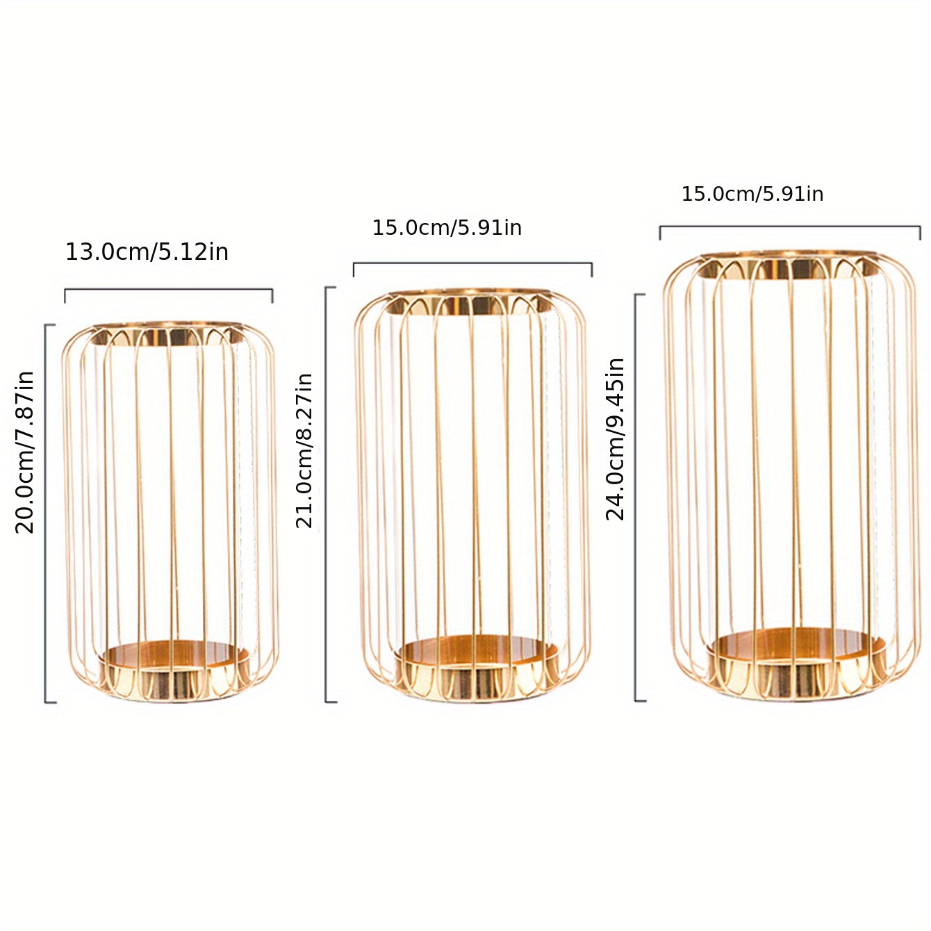 Gold cylindrical wire baskets with dimensions labeled on a white background