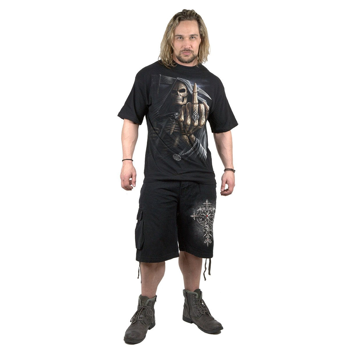 Bone Finger T-Shirt Black Grim Reaper Skeleton Graphic 100% Cotton Tee Shirt