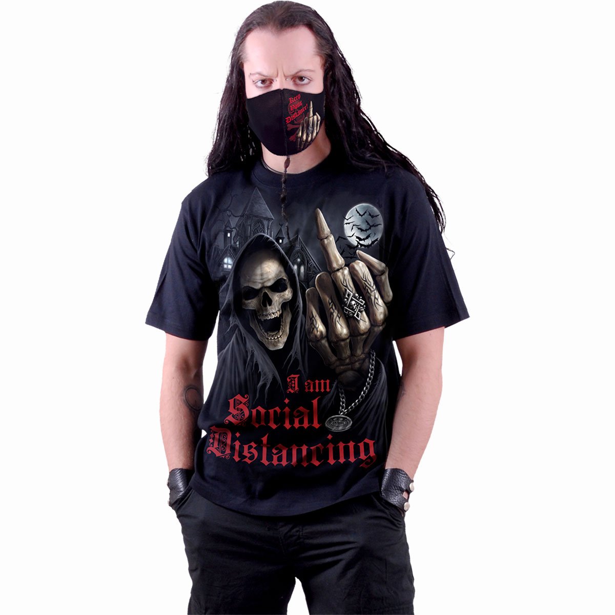 Social Distance T-Shirt Black Humorous Graphic 100% Cotton Tee Funny Skull Shirt