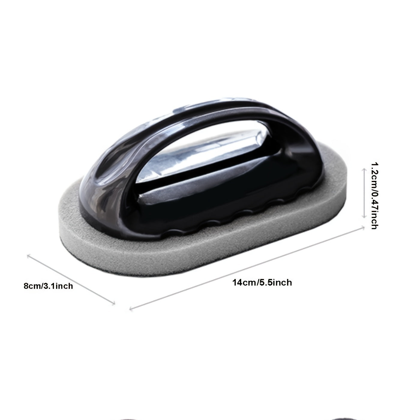 Black and gray car scrubber with dimensions on a white background