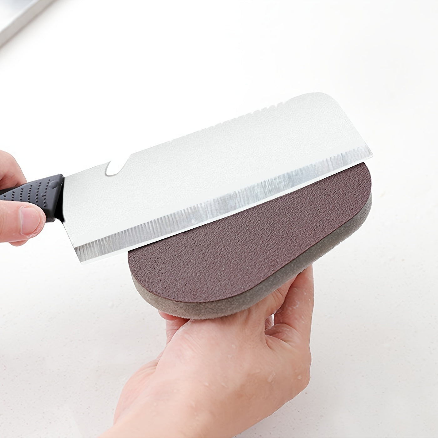 Hand holding a pet grooming brush with a white background