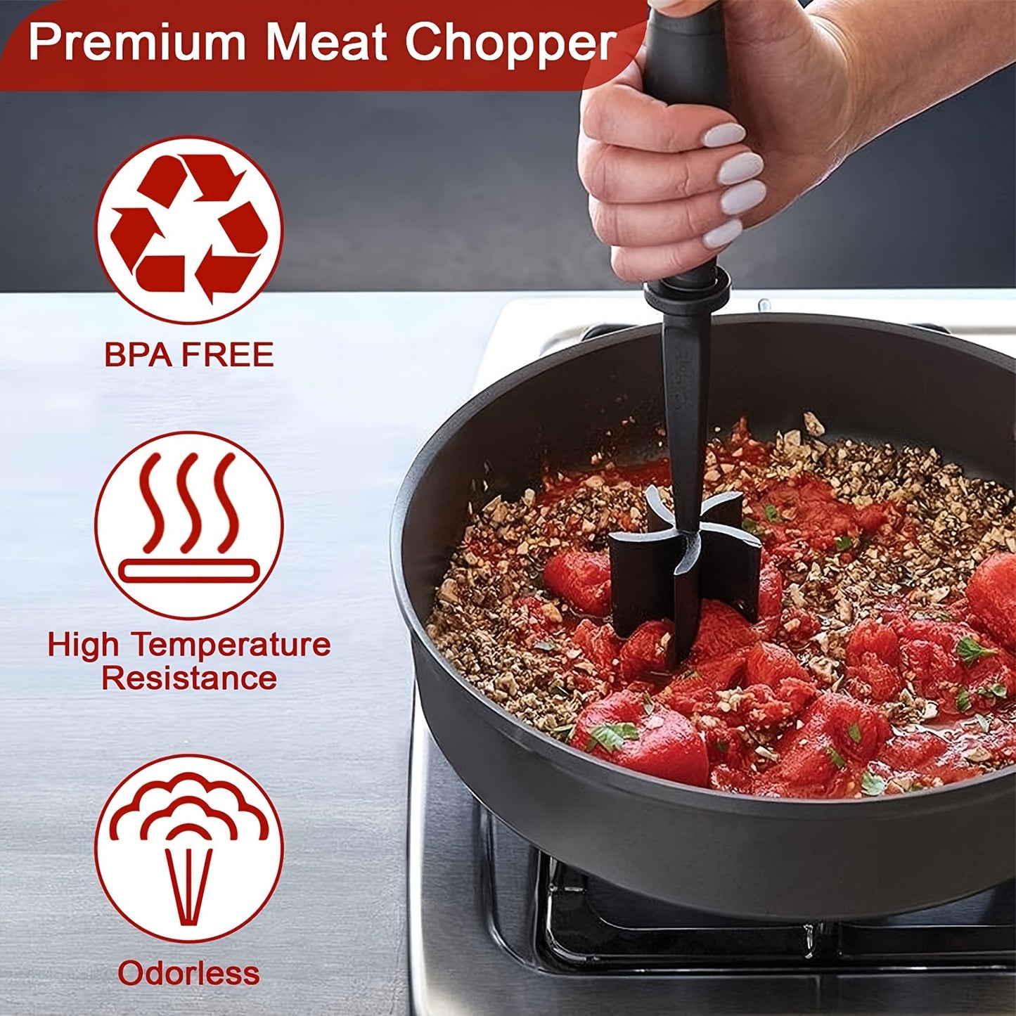 Person using a meat chopper in a pot with features highlighted on the left.