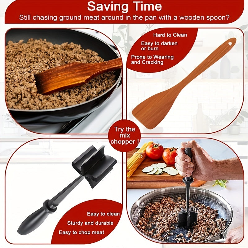 Advertisement for a meat mixer with text and images of a wooden spoon, meat in a pan, and a hand using a metal tool.