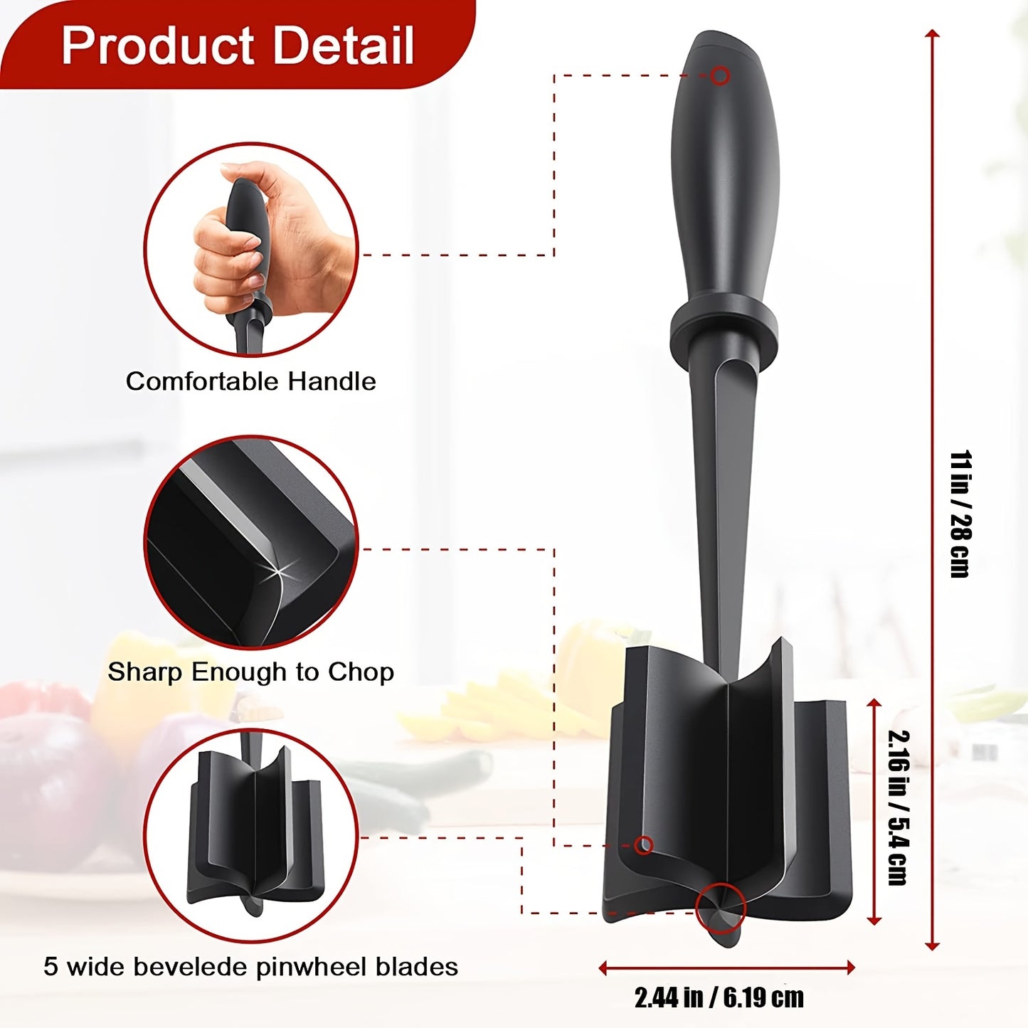 Black kitchen knife with measurements and features on a white background