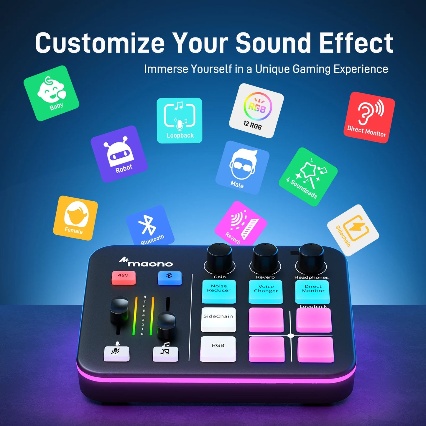 Maono audio mixer with sound effect icons and text on a blue background