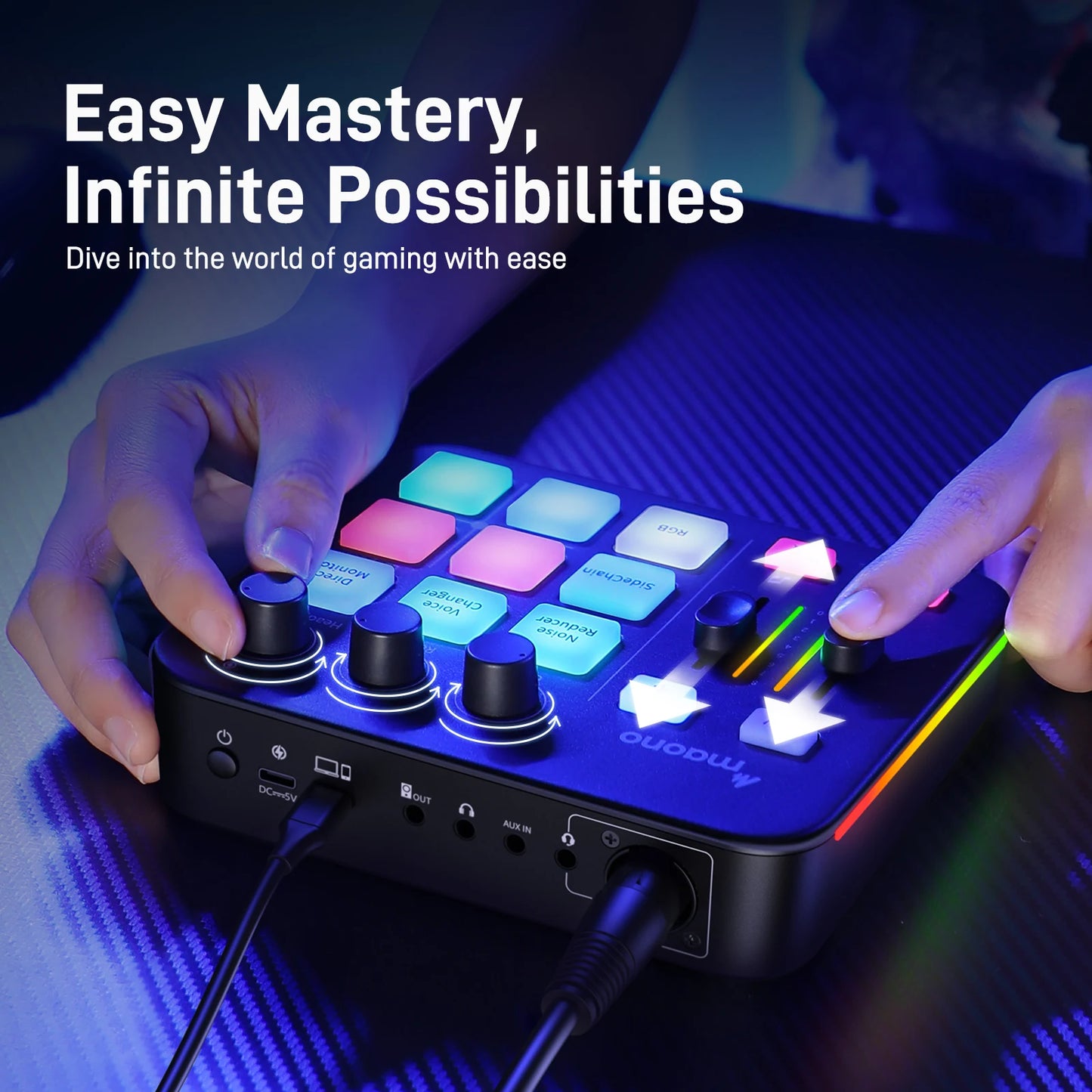 Gaming controller with colorful buttons and LED lights, hands interacting with it, on a dark background.