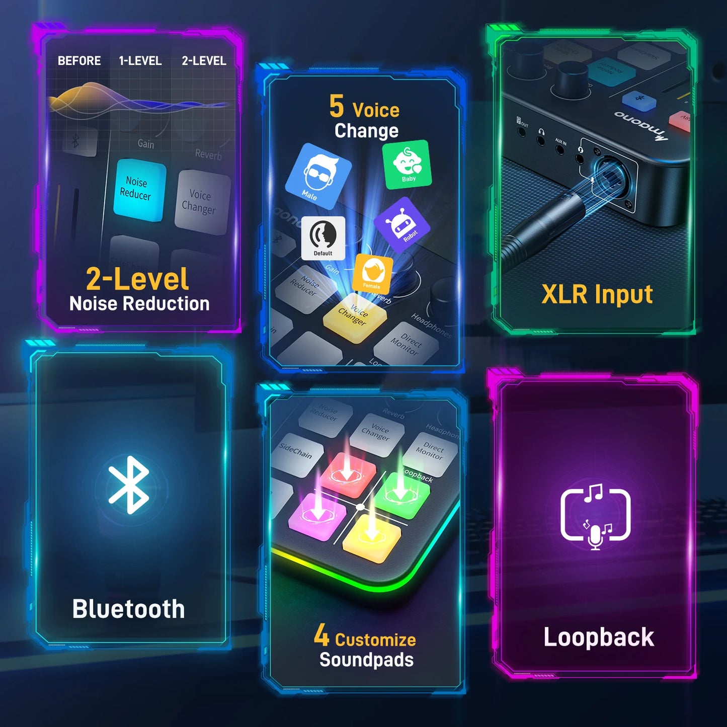 Glowing electronic device with various features highlighted on a dark background