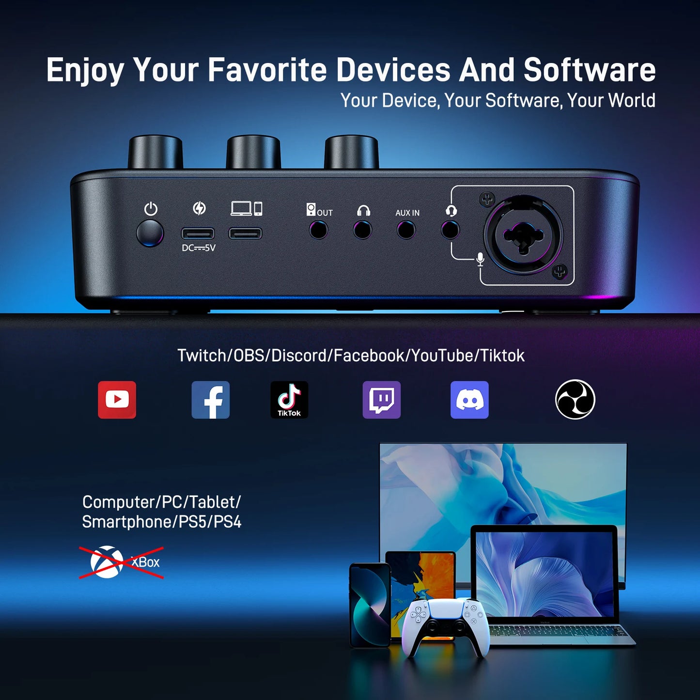 Black electronic device with connectivity ports on a blue gradient background, featuring social media and technology icons.
