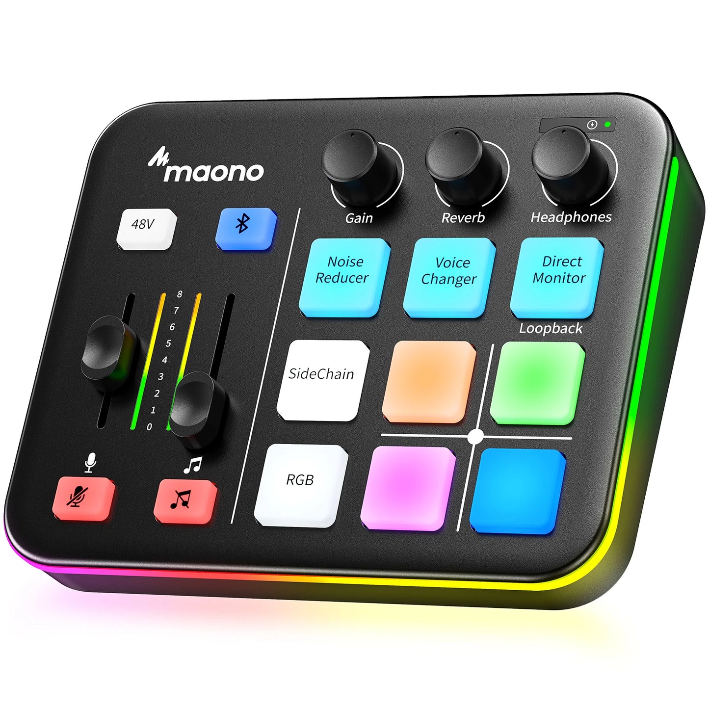 Maono audio control panel with colorful buttons on a white background