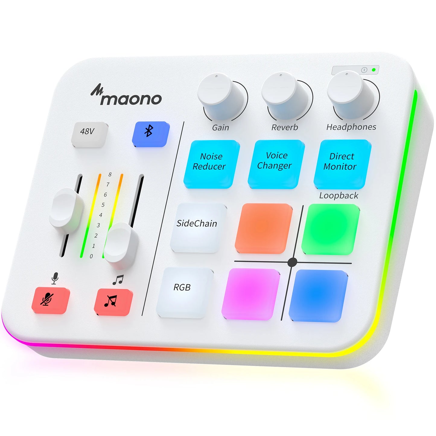 Maono audio mixer controller with various buttons and knobs on a white background