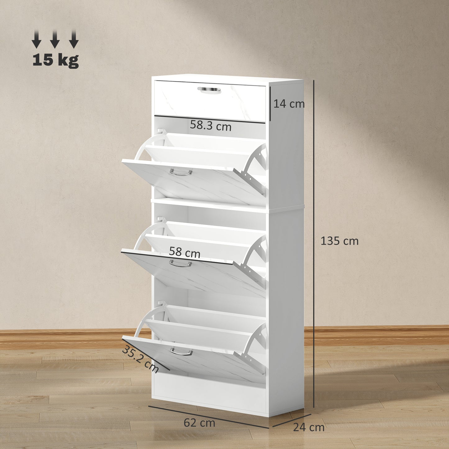 White shoe cabinet with dimensions and weight capacity on a beige floor.