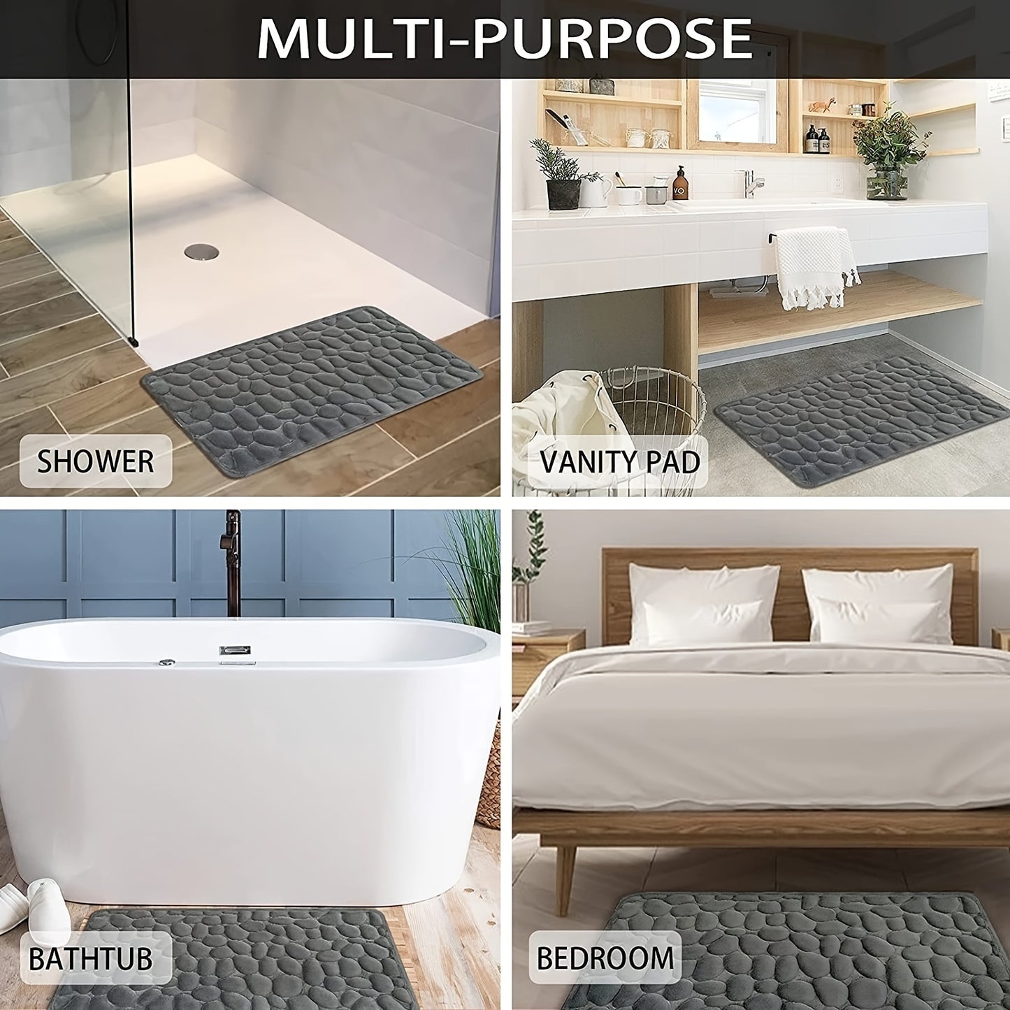 Gray bath mat used in various settings including a shower, vanity, bathtub, and bedroom.
