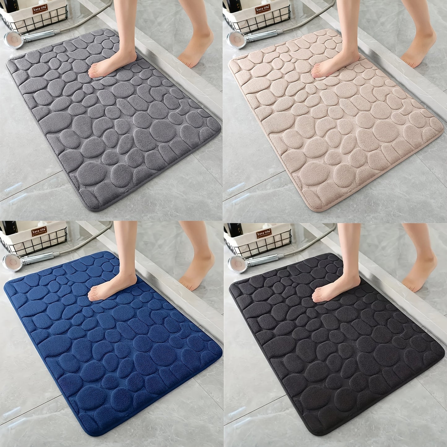 Four different colored bath mats on a tiled floor with feet stepping onto them.