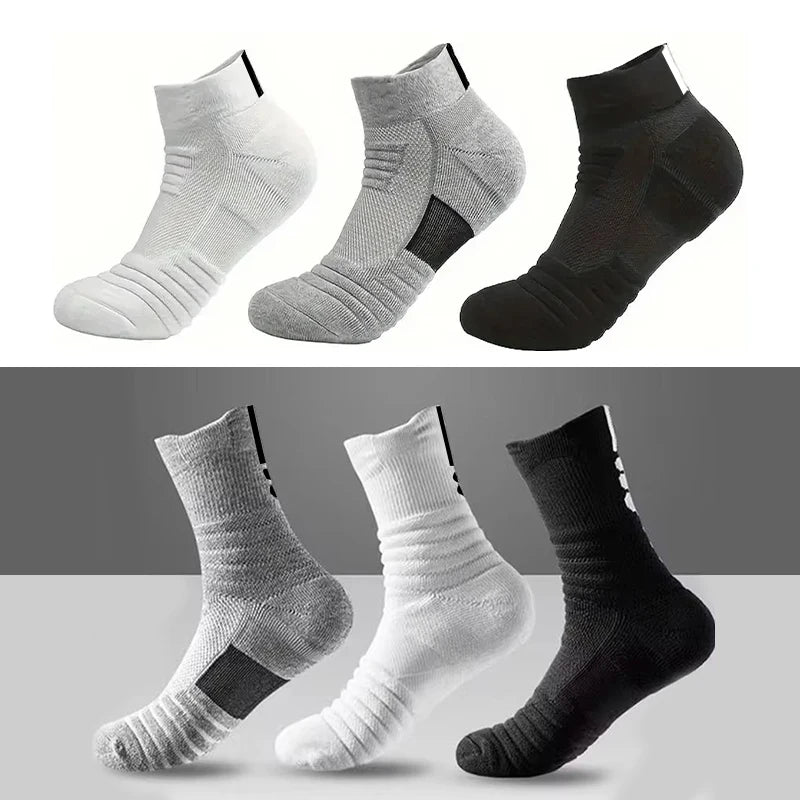 Set of six pairs of socks in white, gray, and black on a gradient background.