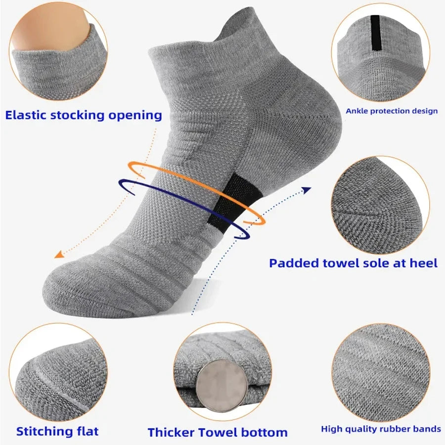 Gray ankle sock with features highlighted on a white background