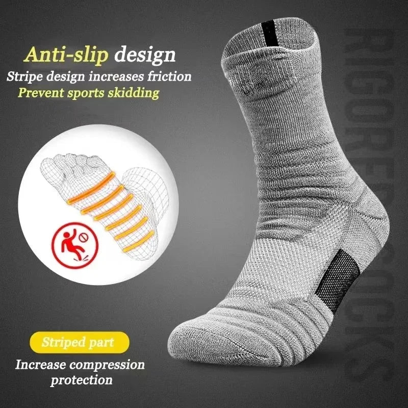 Gray sock with anti-slip design features on a dark background