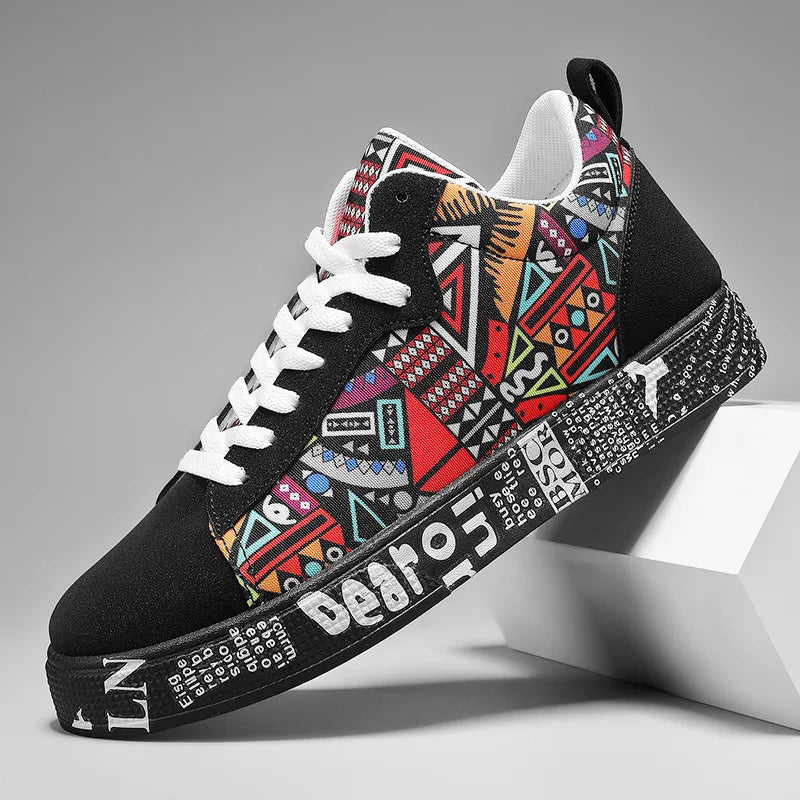 Colorful patterned sneaker with black base on a gray background