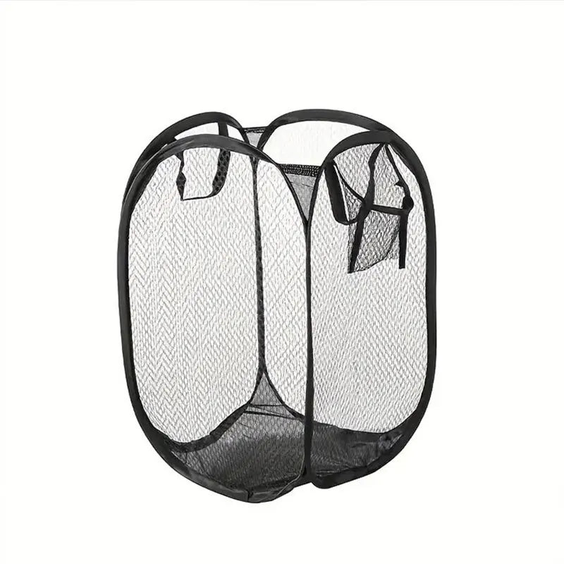 Black mesh laundry basket on a white background