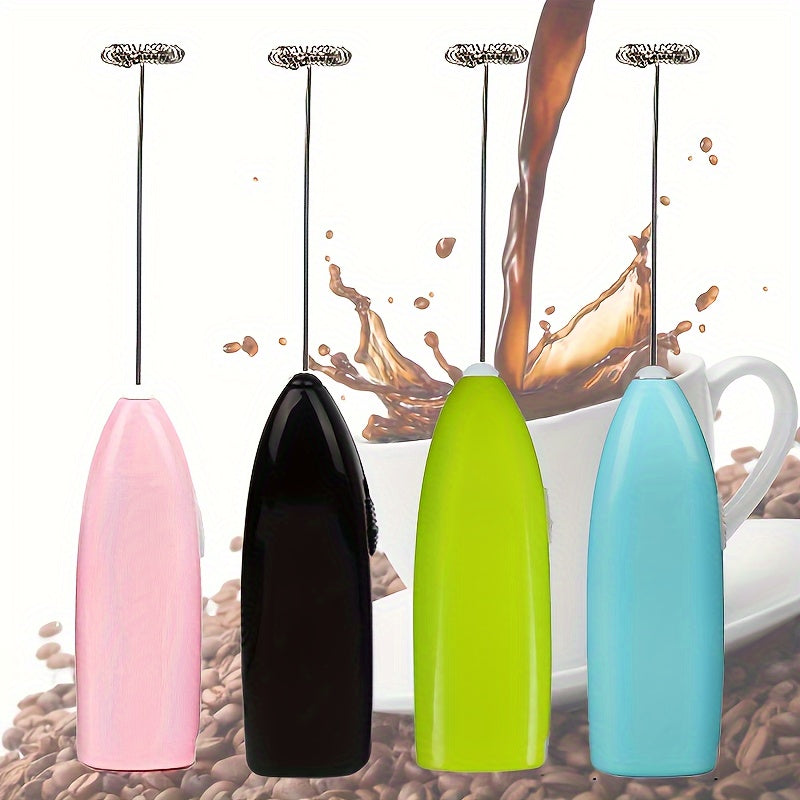 Four colorful milk frothers with a coffee background
