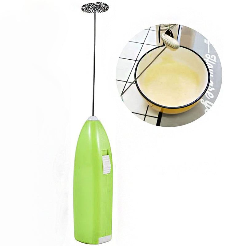 Green milk frother with inset showing use on a cup of coffee.