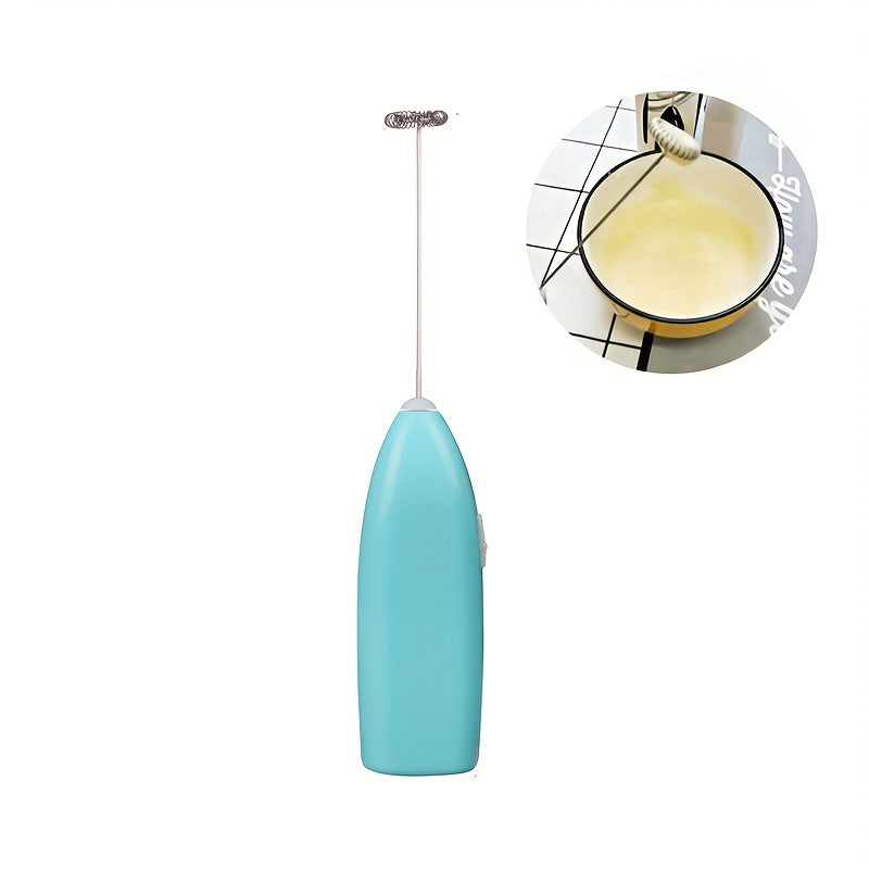 Turquoise milk frother with a inset showing a bowl of creamy liquid.