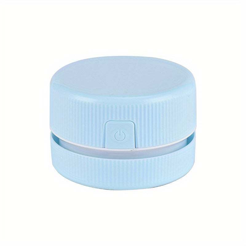 Light blue cylindrical device with power button on a white background