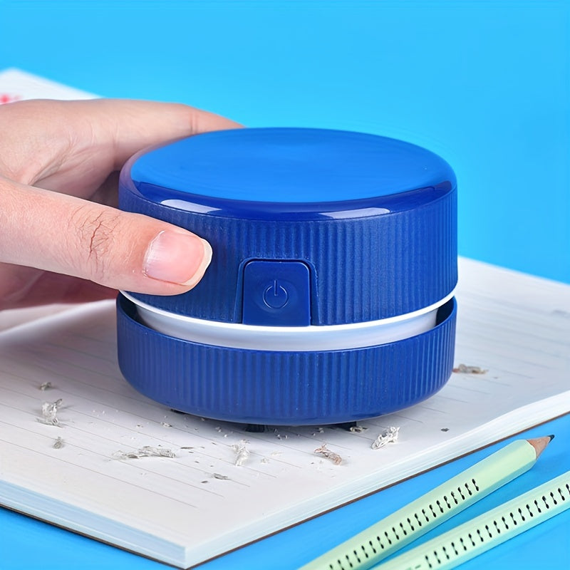 Blue cylindrical device with a power button on a blue background