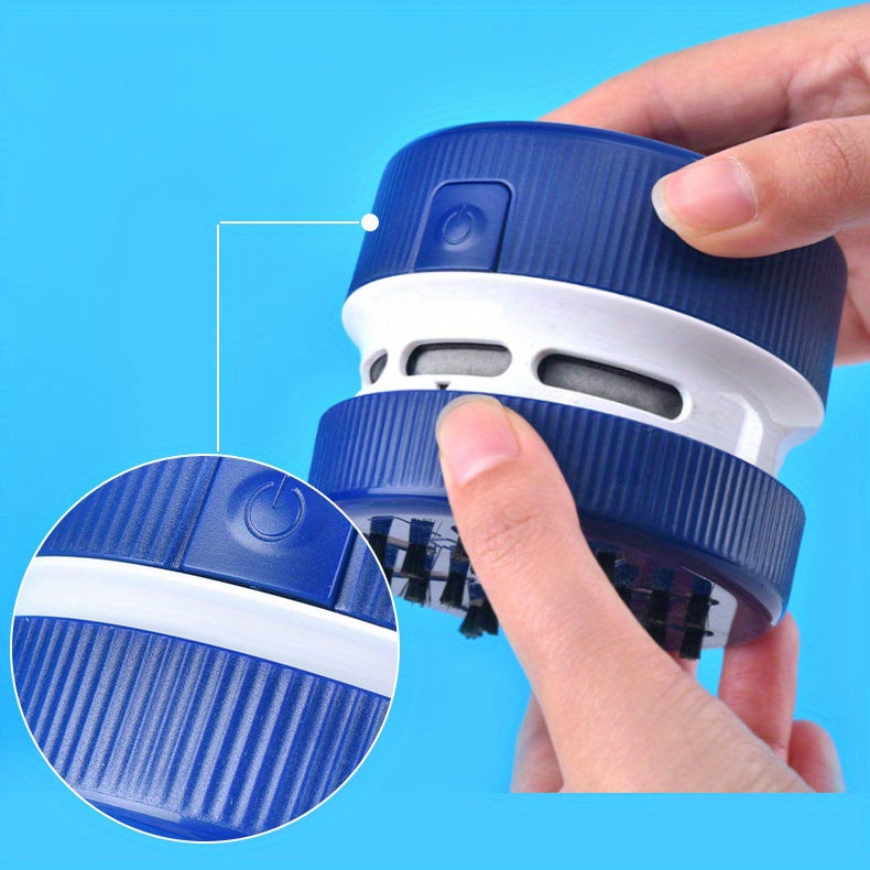 Hand holding a blue and white cleaning tool against a blue background