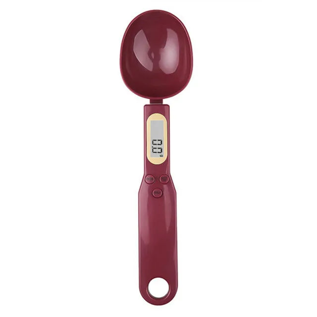 Digital measuring spoon with a red handle on a white background