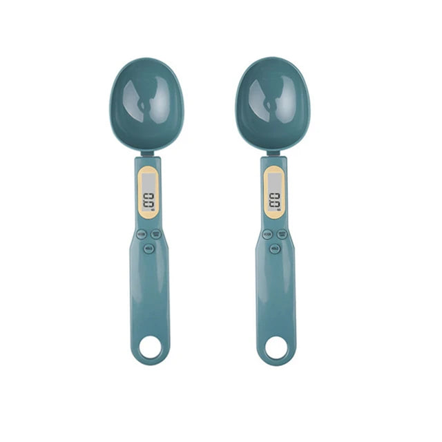 Two teal measuring spoons with digital displays on a white background