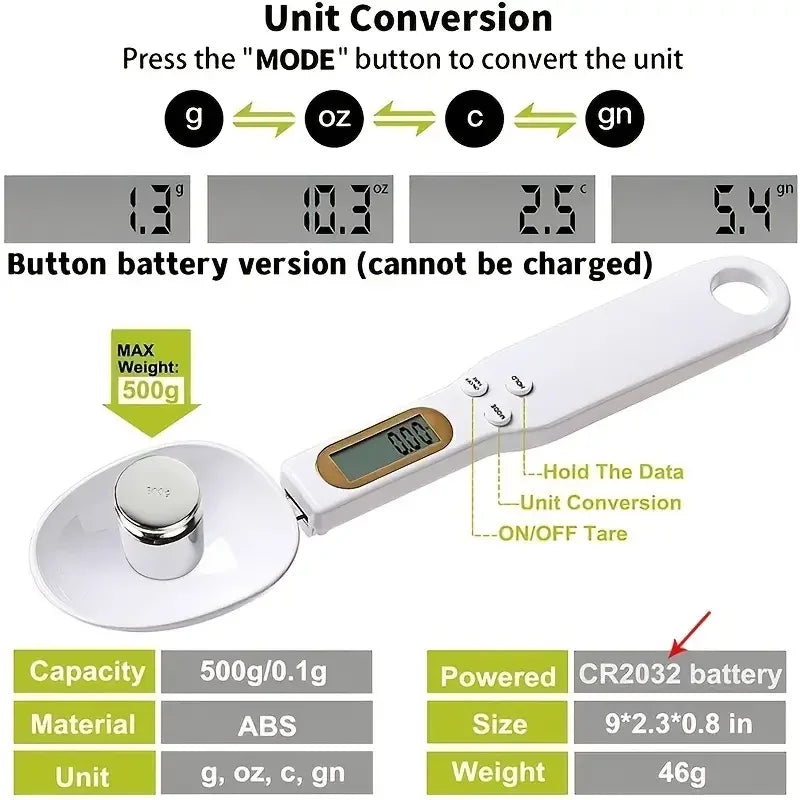 Digital kitchen scale with unit conversion features and battery information.
