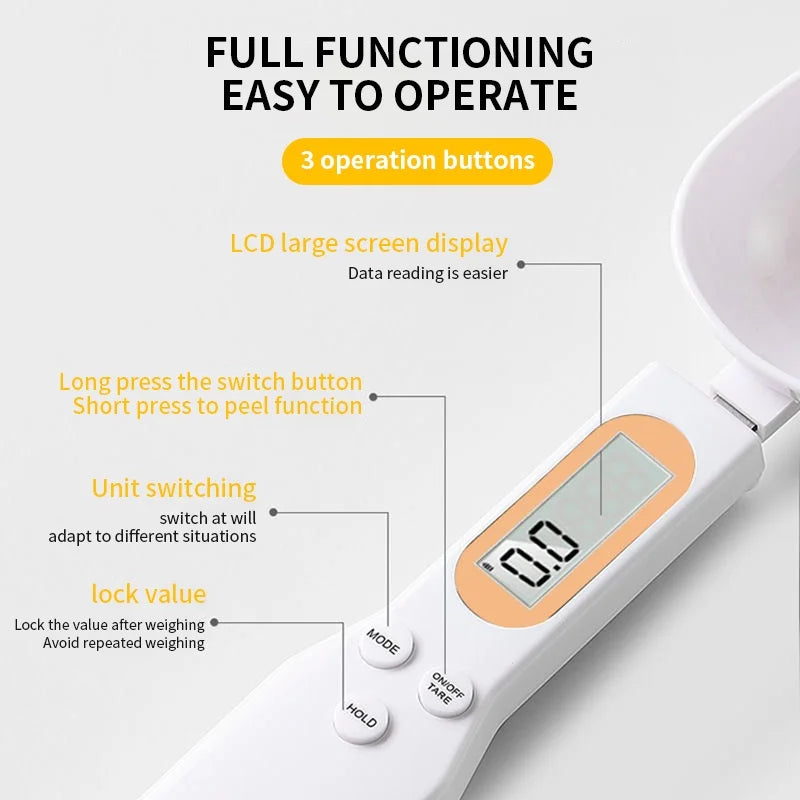Digital kitchen scale with labeled features on a white background