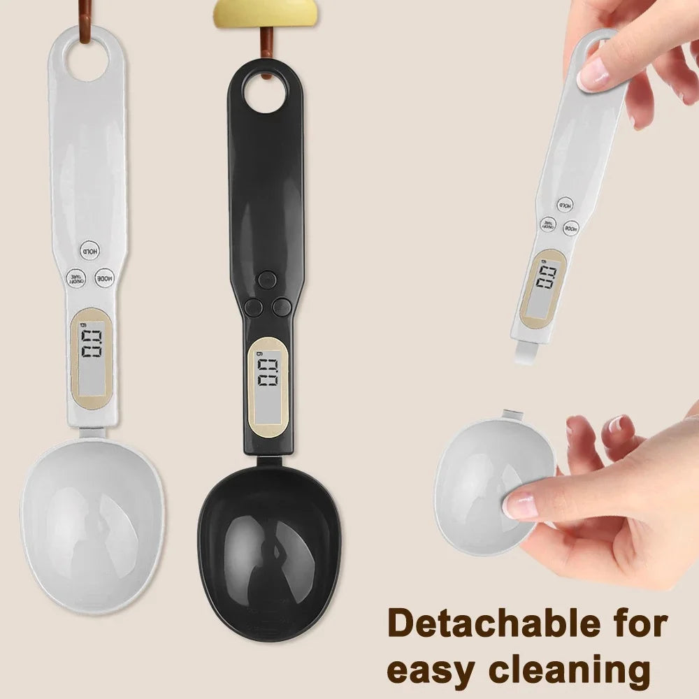 Digital measuring spoons with detachable bowls on a beige background