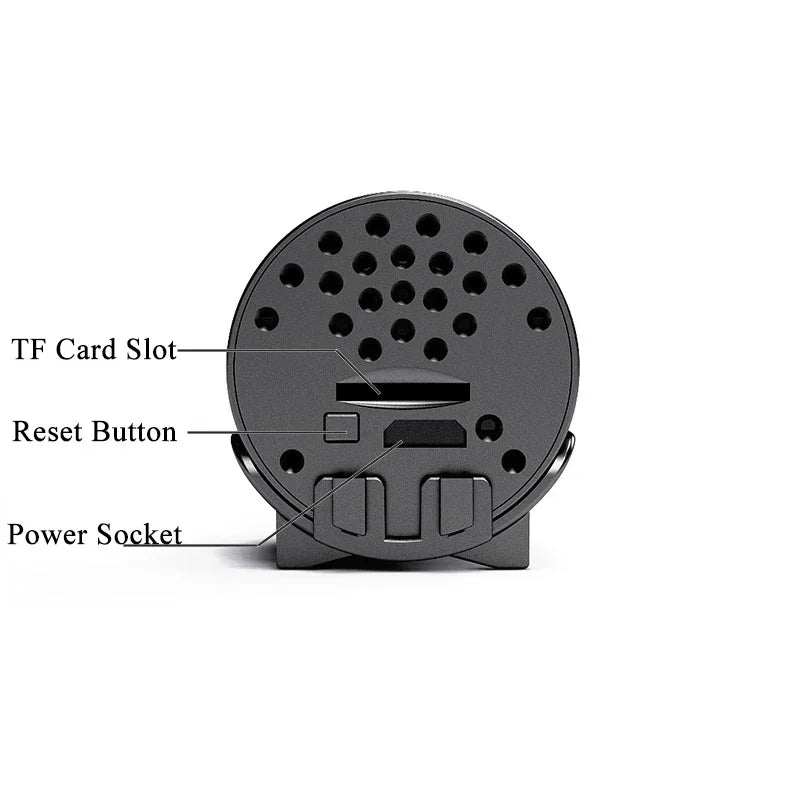 Black electronic device with labeled components on a white background