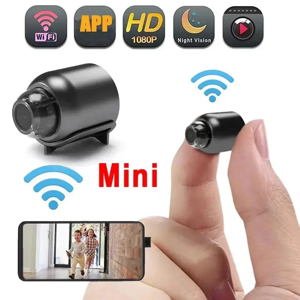 Mini camera with features like WiFi, app, HD 1080P, night vision, and a person holding it.