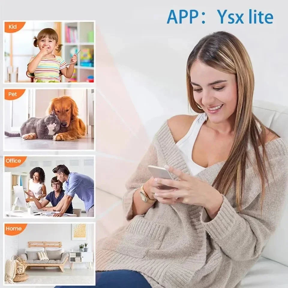 Woman using a smartphone with app icons and scenes on the left