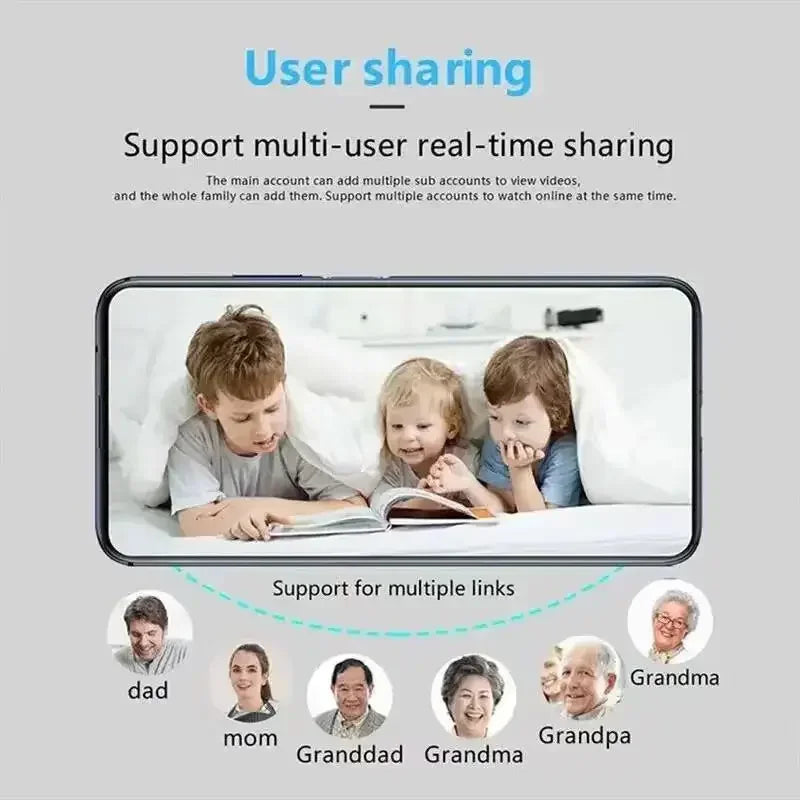 Phone screen showing three children reading a book with family members listed below, emphasizing multi-user real-time sharing feature.