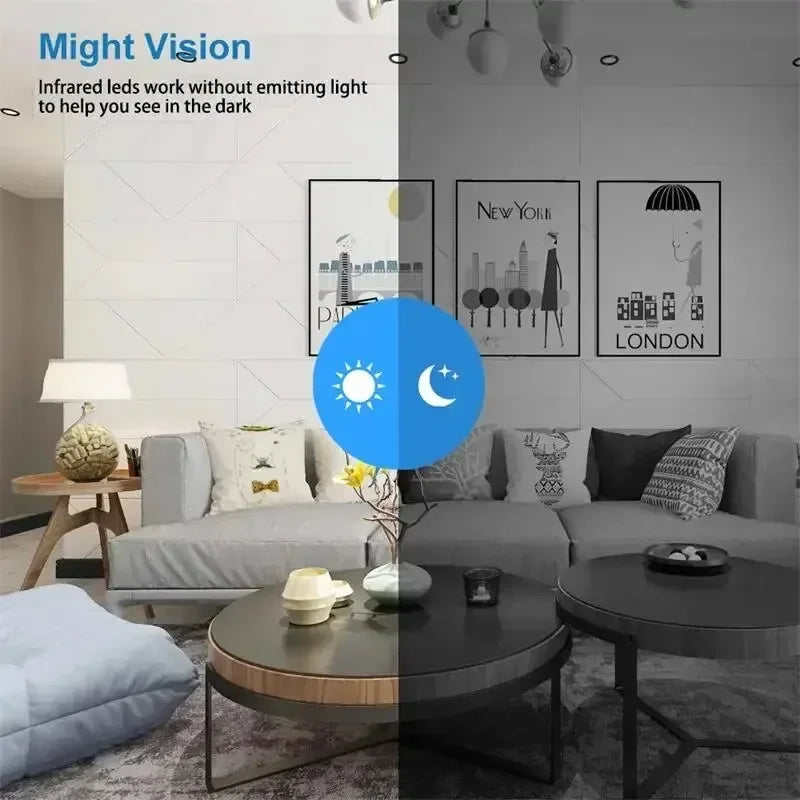 Living room with gray sofa, coffee table, and wall art, featuring 'Might Vision' infrared LEDs text.