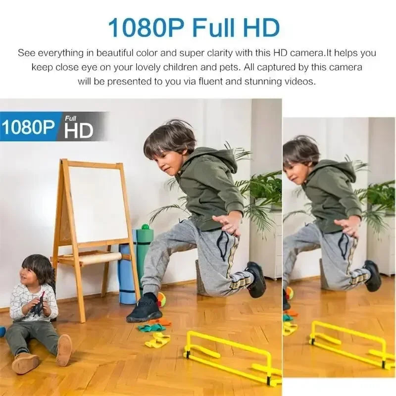 Child playing with toys on a wooden floor, with text about 1080P Full HD camera.