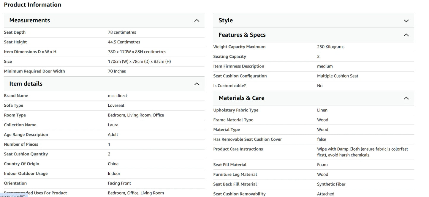 Product information table with columns for measurements, style, features & specs, item details, and materials & care.