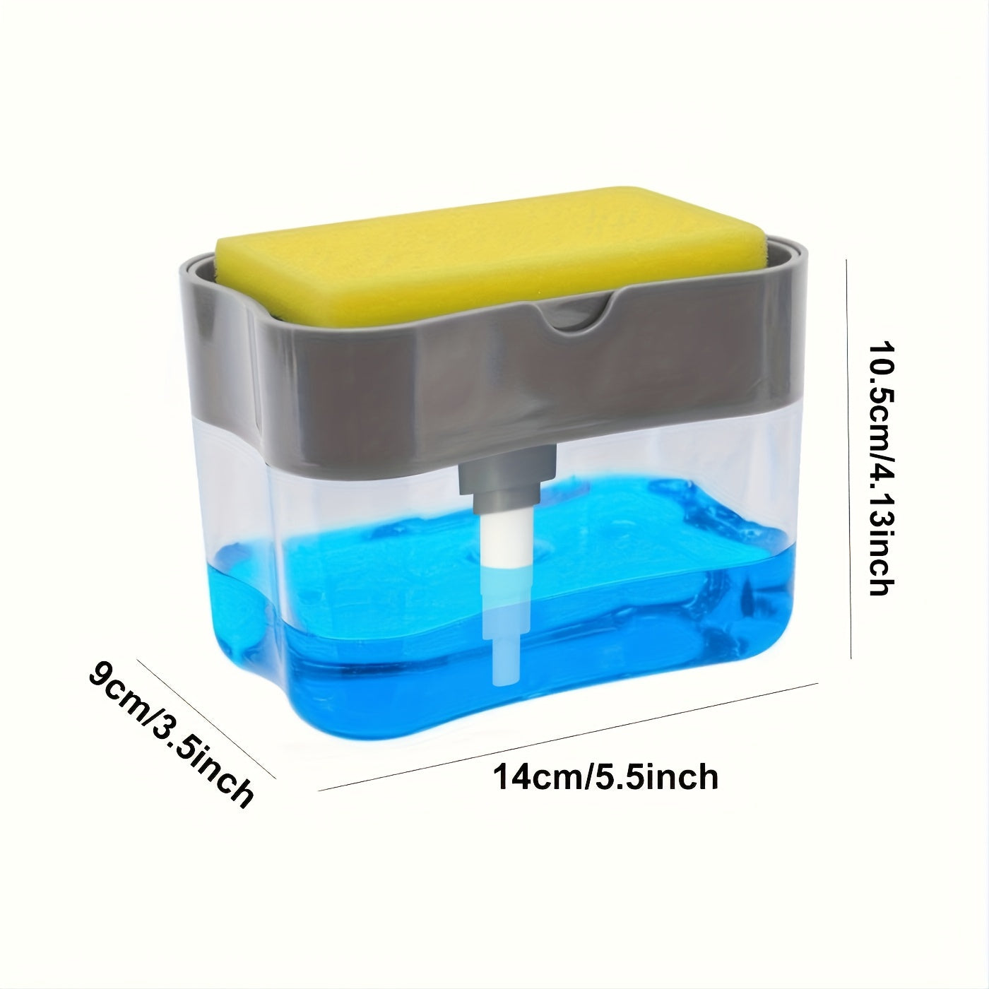Clear container with blue liquid and yellow lid, shown with measurements on a white background