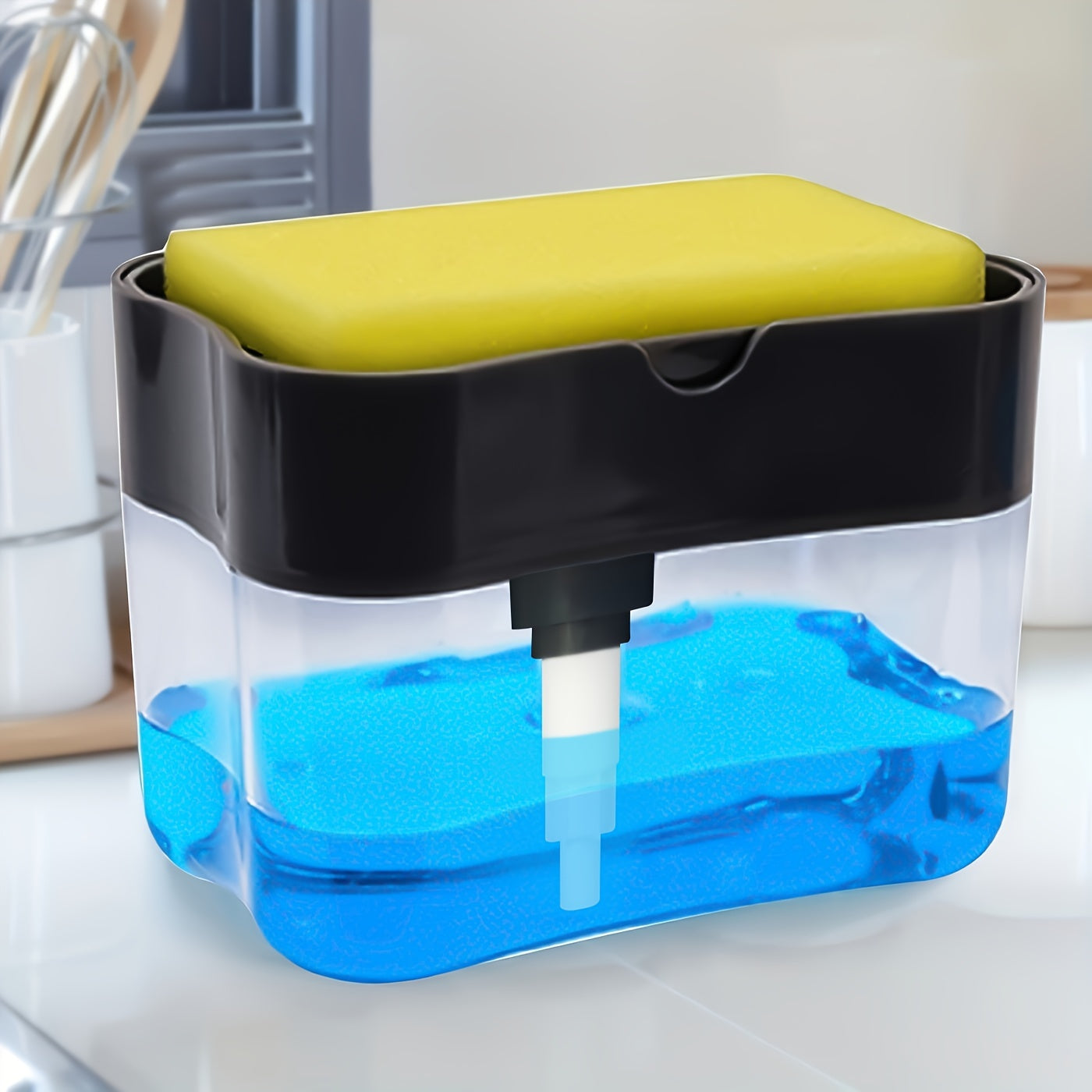 Cleaning tool with a yellow sponge and blue liquid in a transparent container on a white surface.