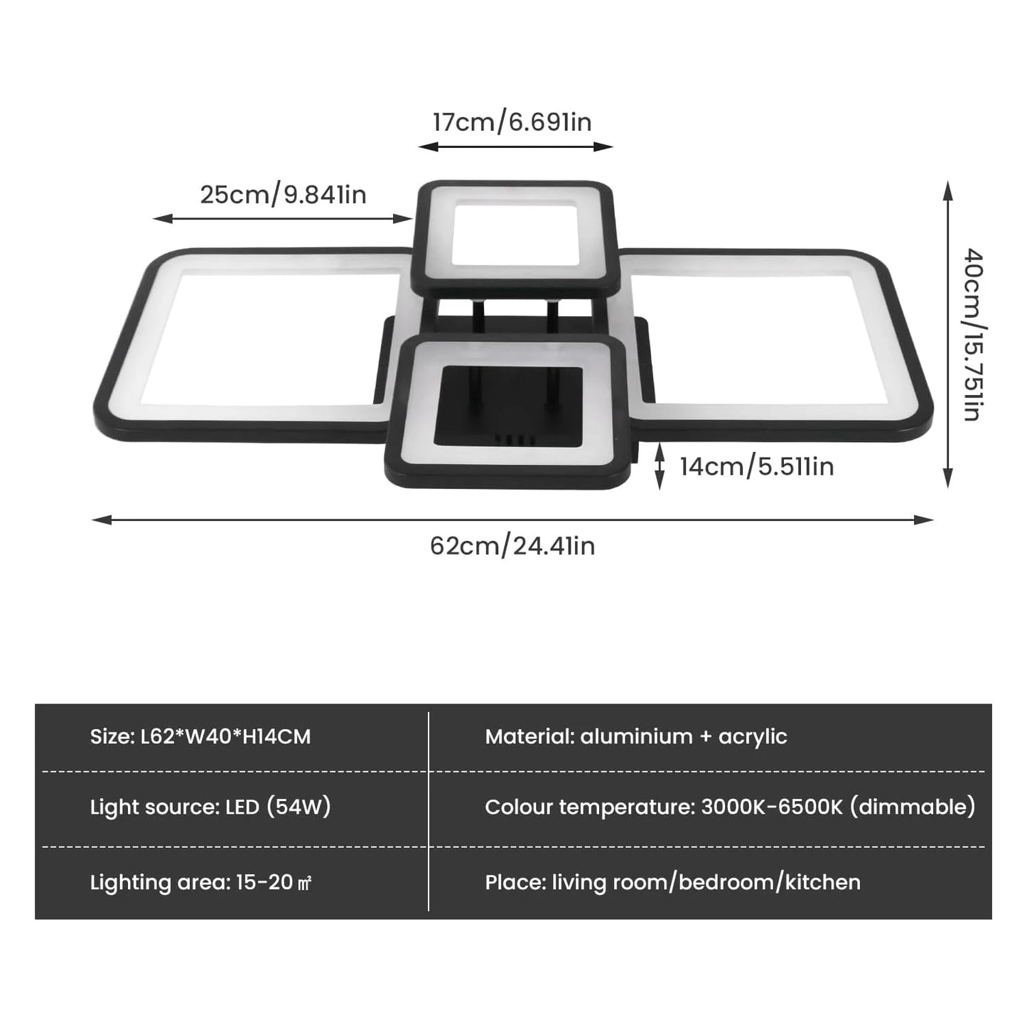 Measurement chart of a light fixture with dimensions and specifications.