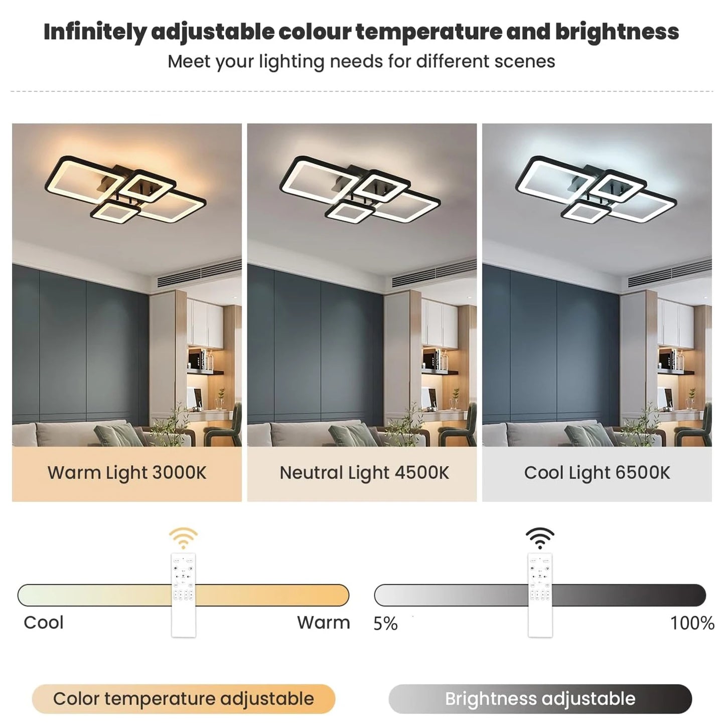 Ceiling light fixture with color temperature and brightness adjustment options in a home setting.