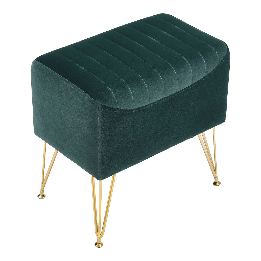 Green velvet ottoman with gold legs on a white background