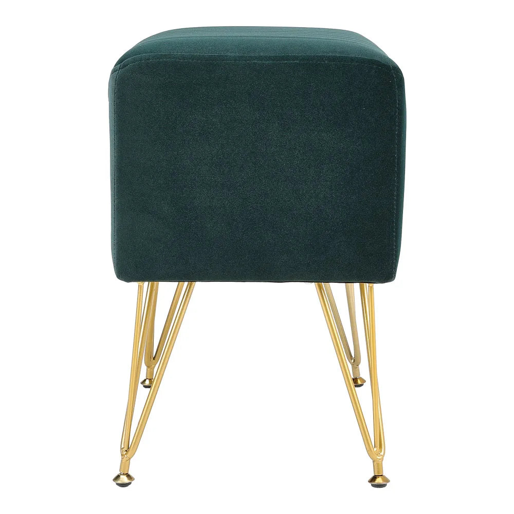 Green velvet stool with gold legs on a white background