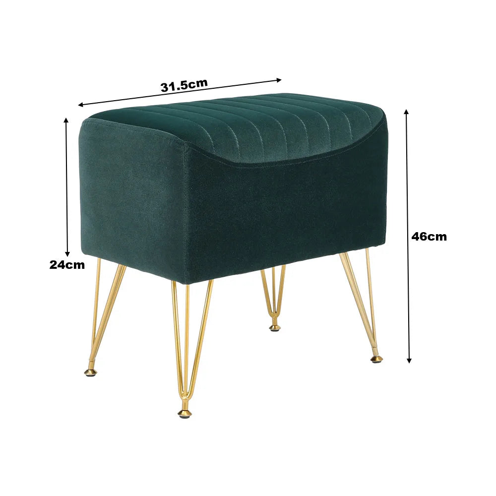 Green velvet stool with gold legs and dimensions labeled on a white background