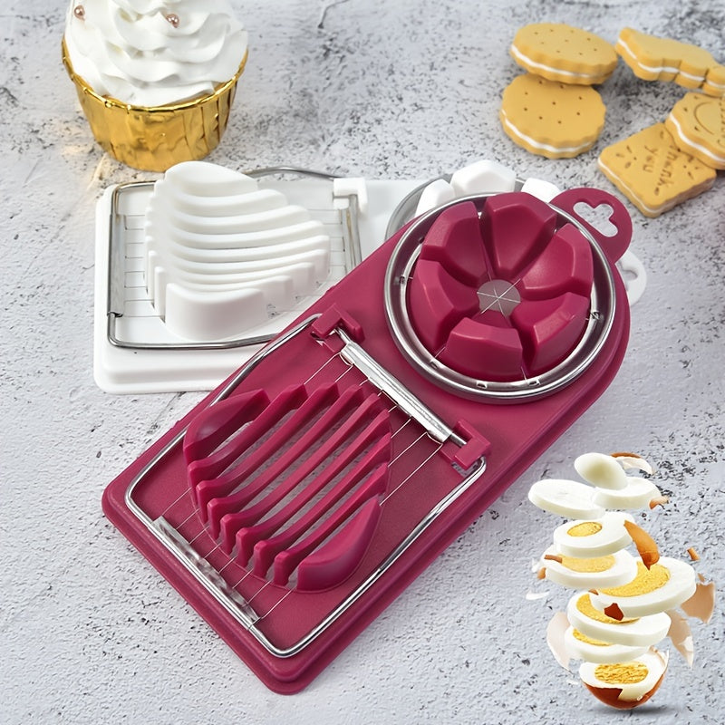 Pink kitchen slicer with food items on a gray surface
