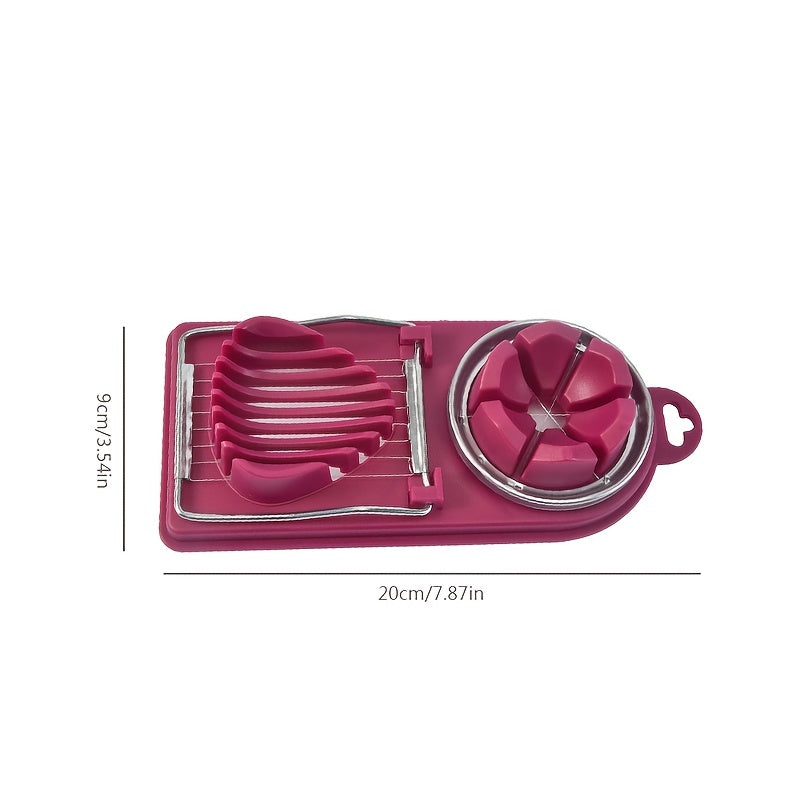 Pink kitchen slicer with measurements on a white background
